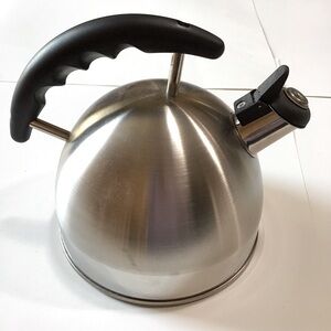 Tea Kettle 2.5 Qt Stainless Steel Whistling Stovetop Kitchen Black Silvertone